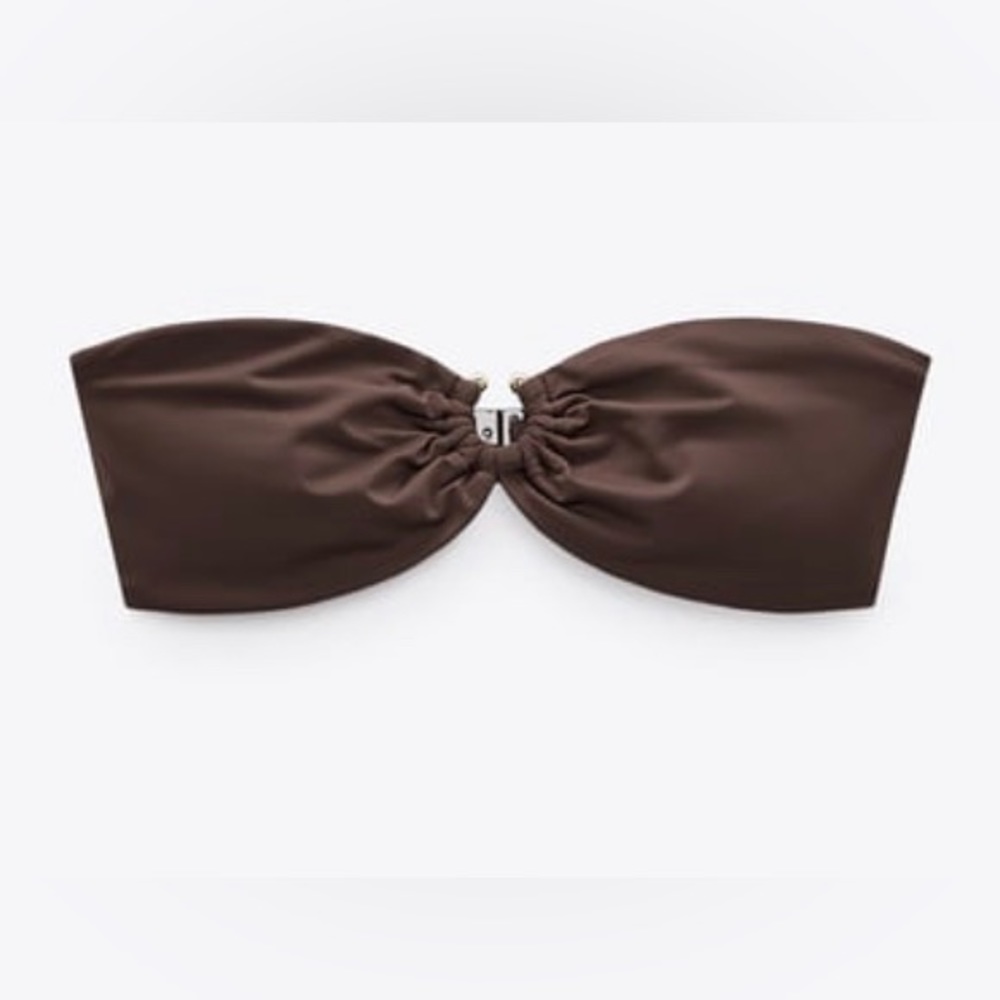 NWT ZARA HIGH WAISTED BIKINI TOP AND BOTTOM W/METAL DETAIL COLOR: BROWN SIZE: S